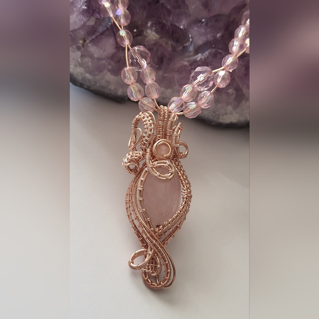 Rose Quartz Wire Wrapped Pendant With Twisted Pink Glass Beads Necklace